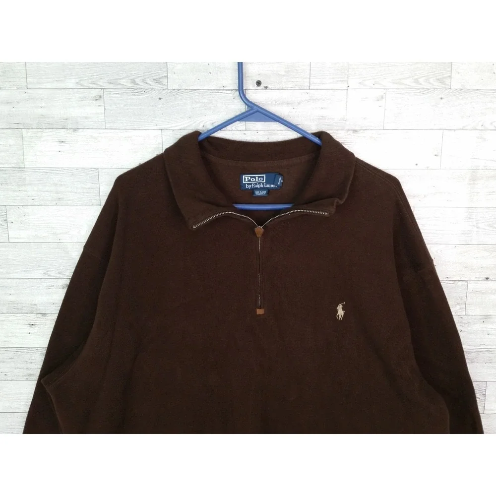 Men's Polo Ralph Lauren Long Sleeve Pullover Sweater Top Brown 1/4 Zip 2XLT‎